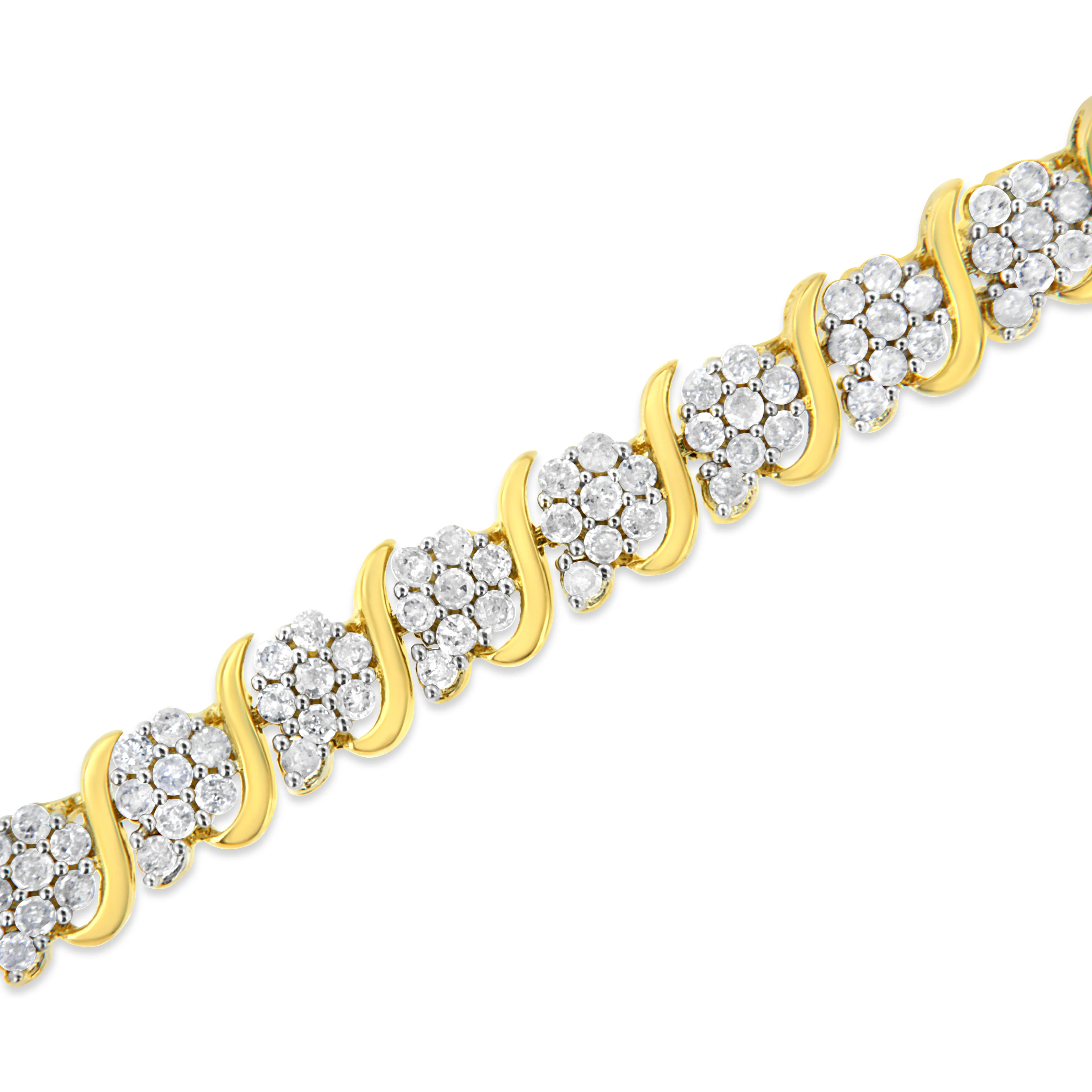 14K Yellow Gold Plated .925 Sterling Silver 3.00 Cttw Diamond Alternating Flower Cluster and "S" Link Tennis Bracelet