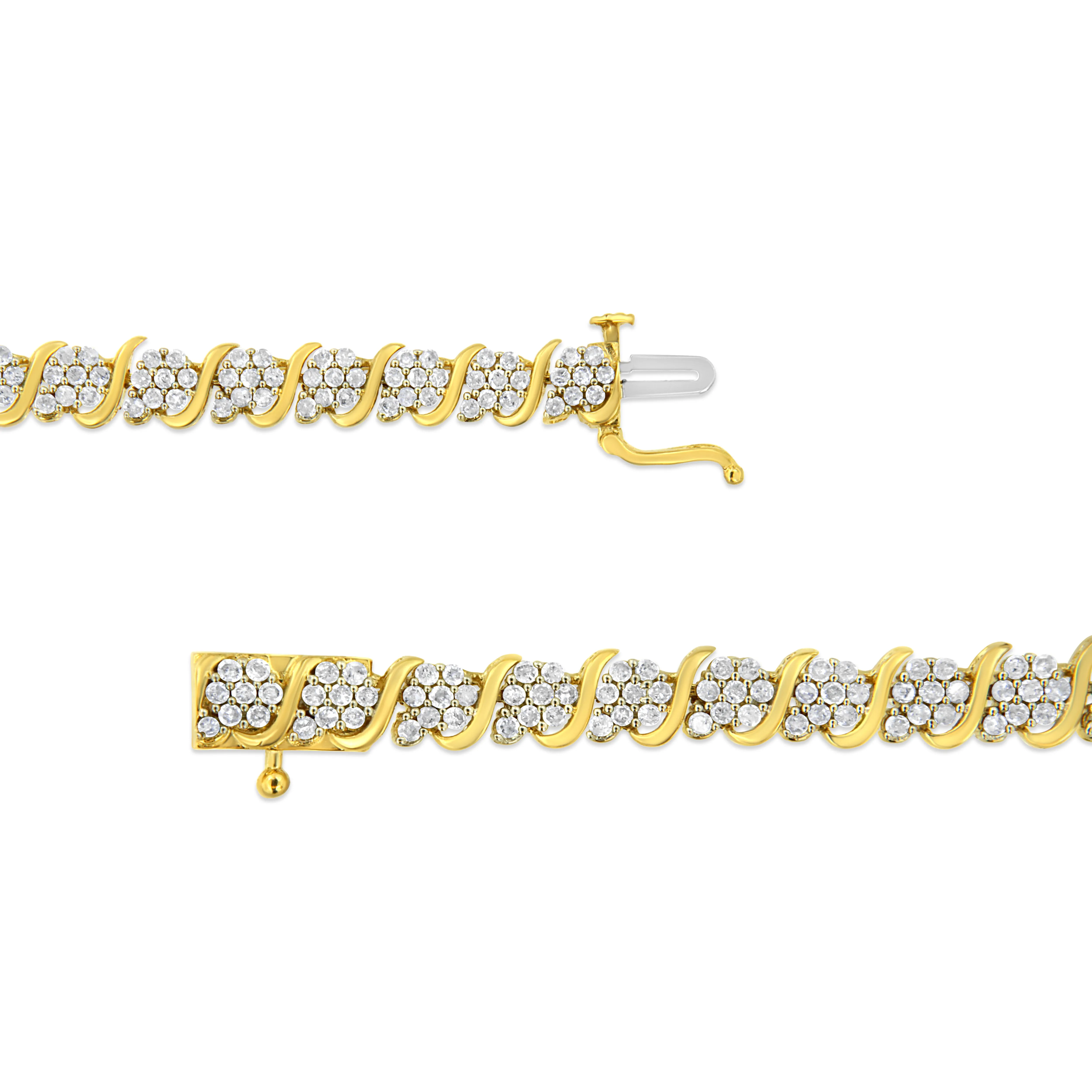 14K Yellow Gold Plated .925 Sterling Silver 3.00 Cttw Diamond Alternating Flower Cluster and "S" Link Tennis Bracelet