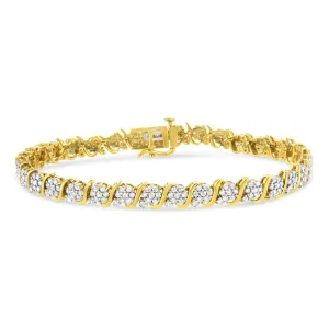 14K Yellow Gold Plated .925 Sterling Silver 3.00 Cttw Diamond Alternating Flower Cluster and "S" Link Tennis Bracelet