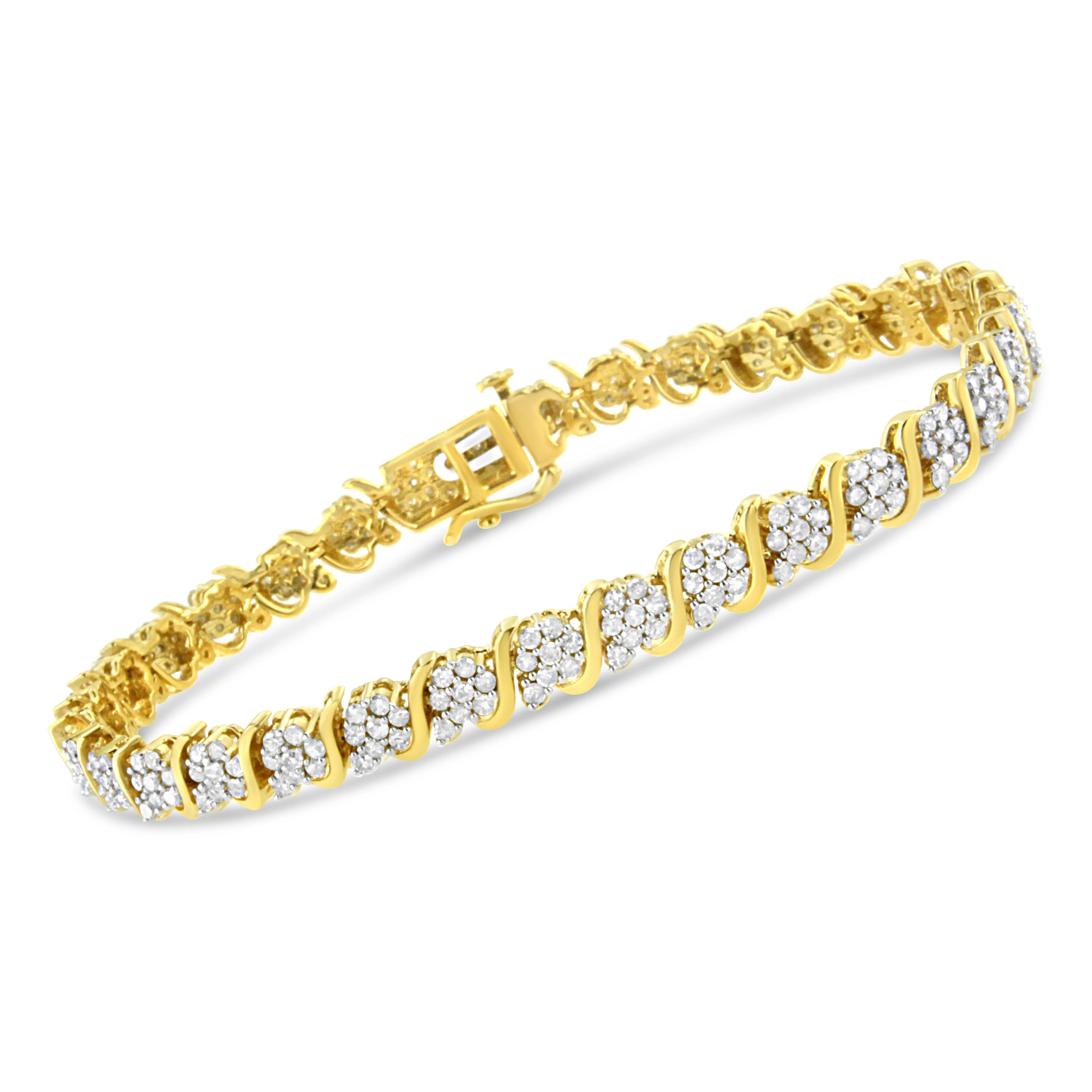 14K Yellow Gold Plated .925 Sterling Silver 3.00 Cttw Diamond Alternating Flower Cluster and "S" Link Tennis Bracelet