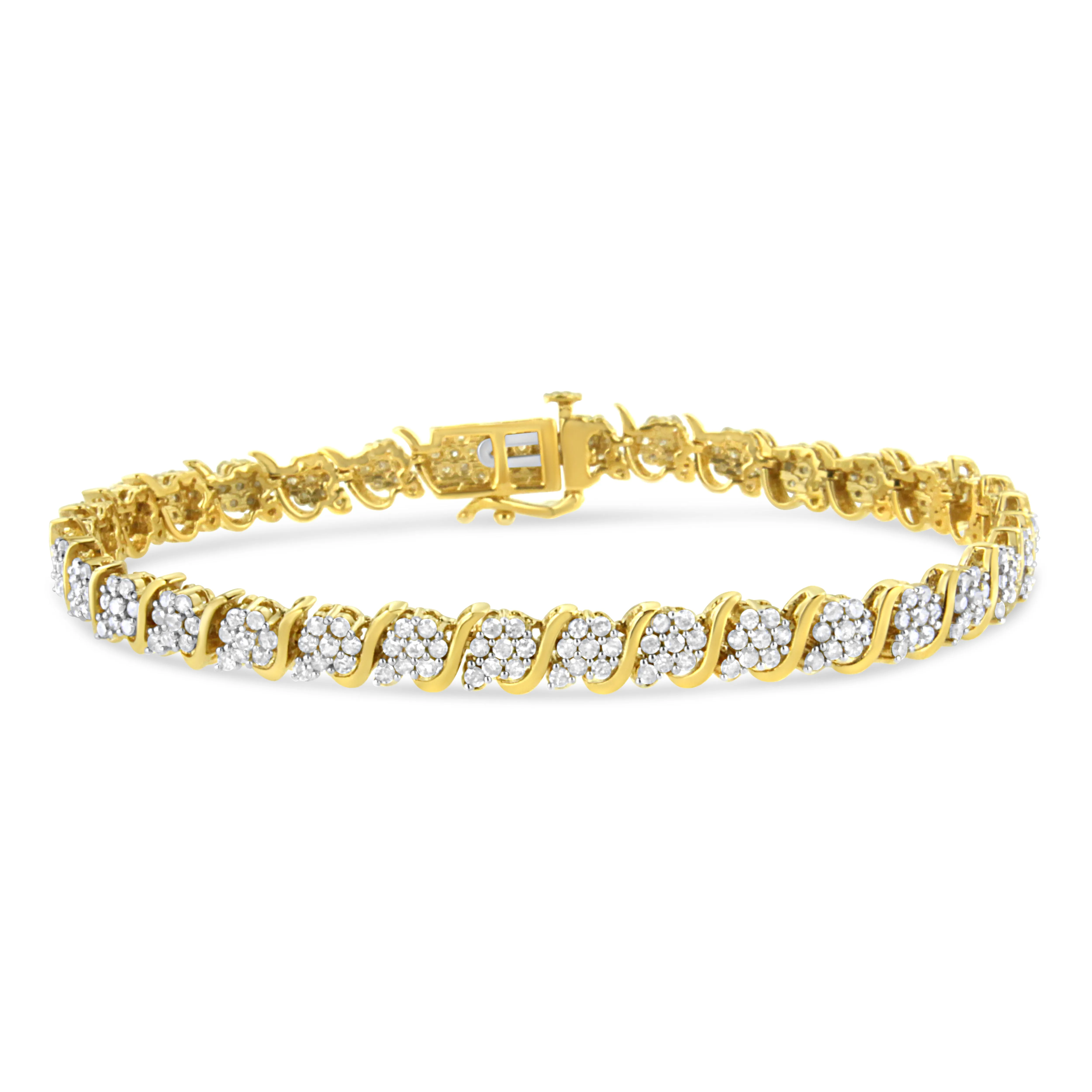 14K Yellow Gold Plated .925 Sterling Silver 3.00 Cttw Diamond Alternating Flower Cluster and "S" Link Tennis Bracelet