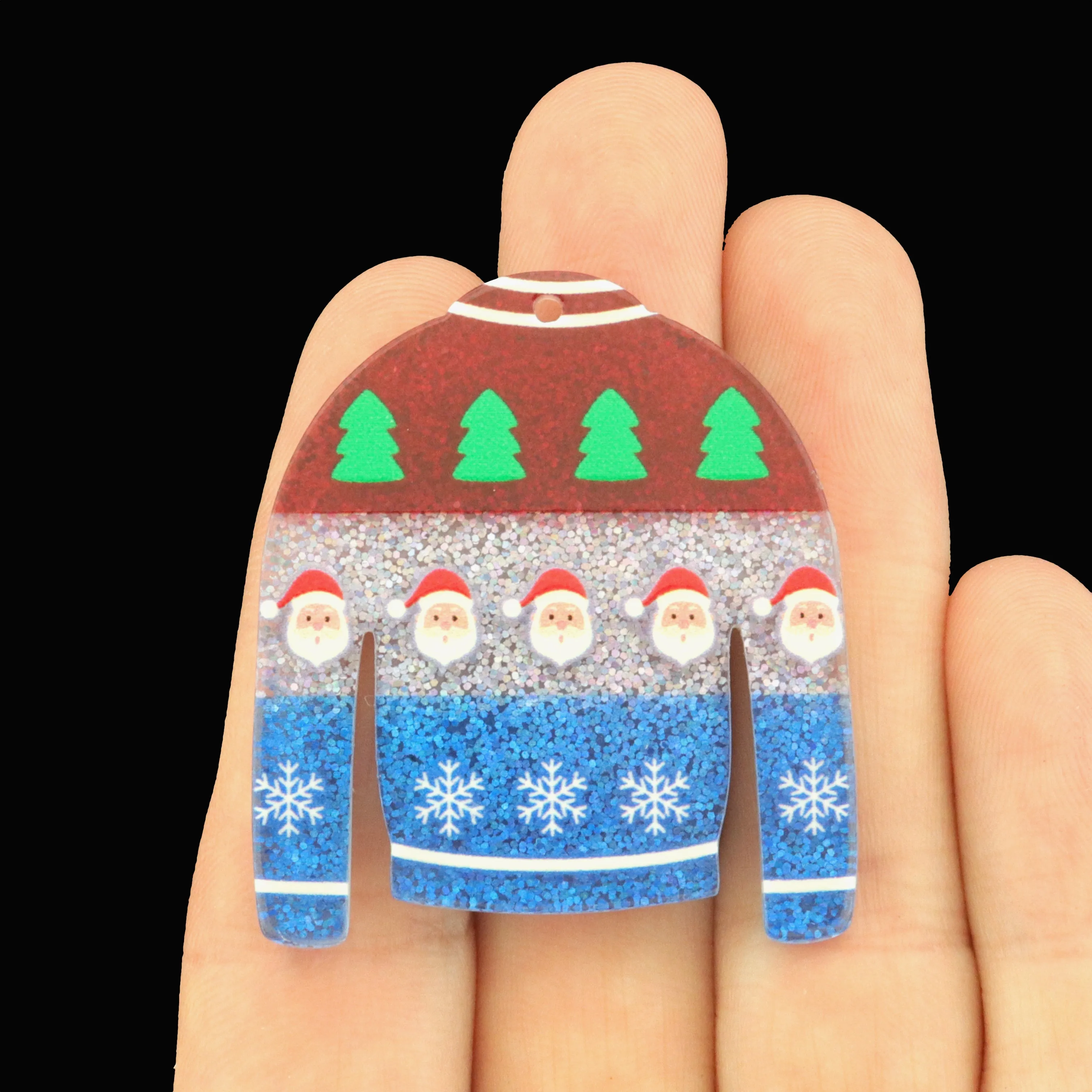 2 Christmas Sweater Acrylic Charms - Santa and Trees - K080