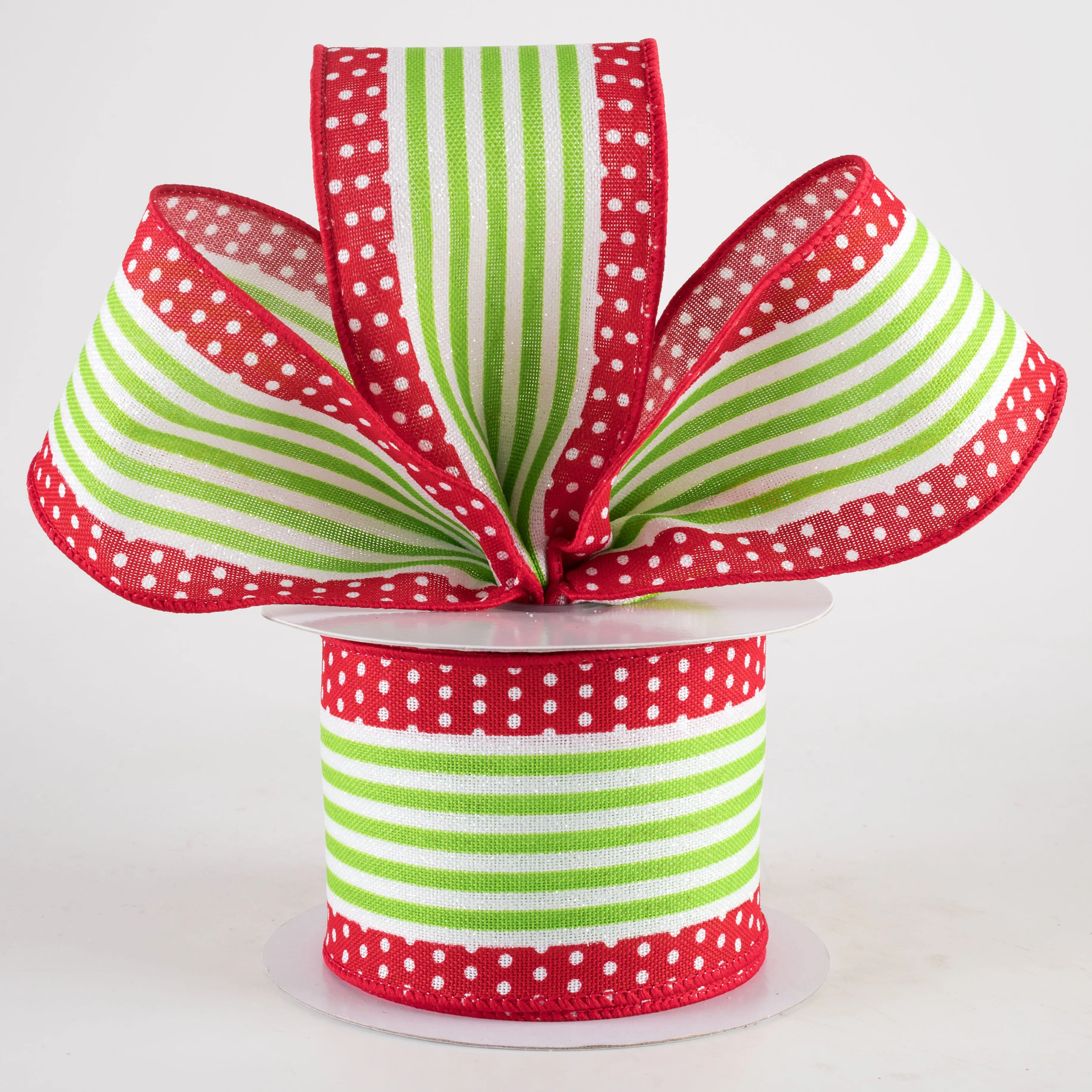 2.5" Vertical Stripe Dot Edge Ribbon: Red, White & Lime Green (10 Yards)