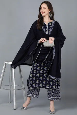 Ahika Navy Blue Pure Cotton Straight Kurta Palazzo With Dupatta