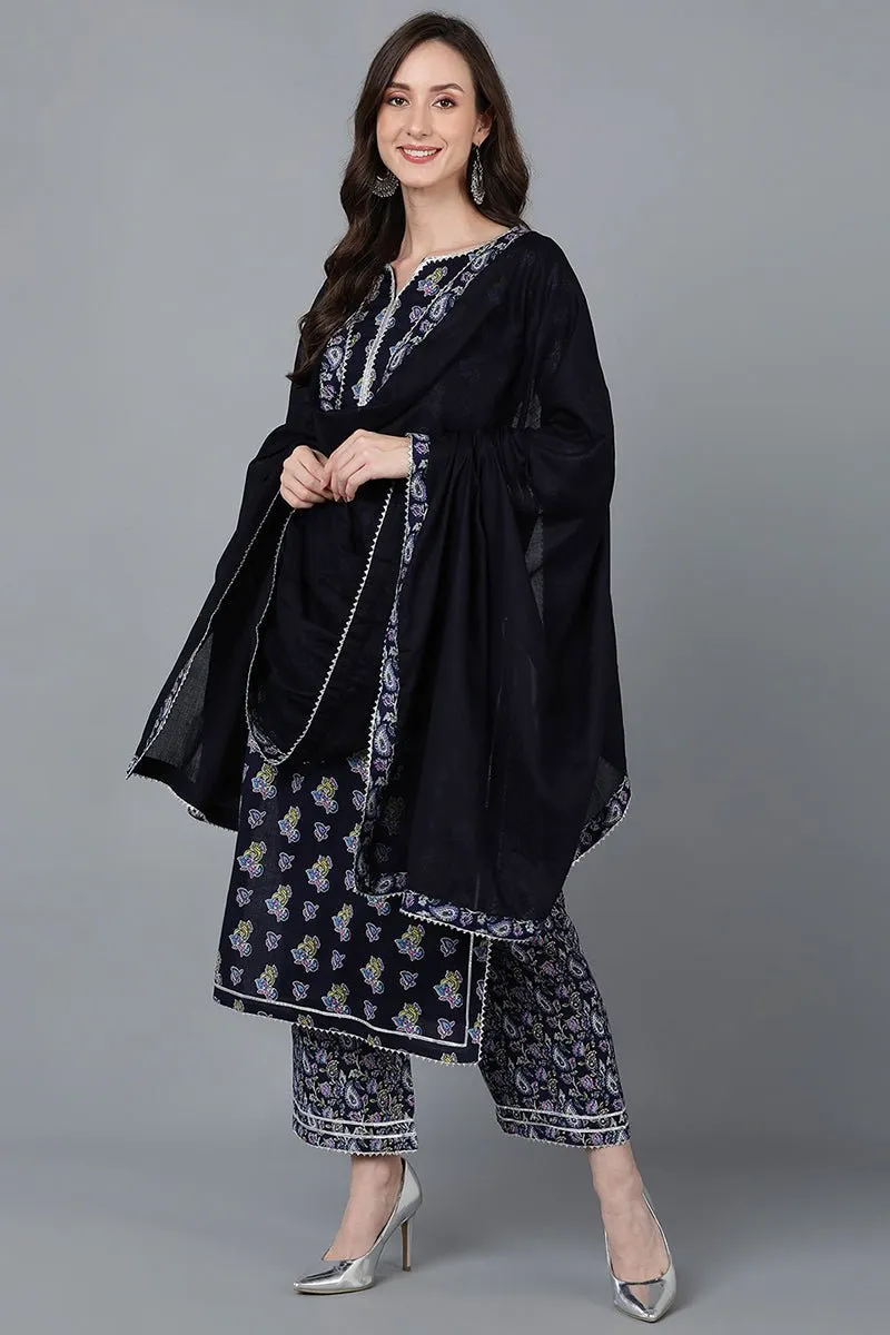 Ahika Navy Blue Pure Cotton Straight Kurta Palazzo With Dupatta