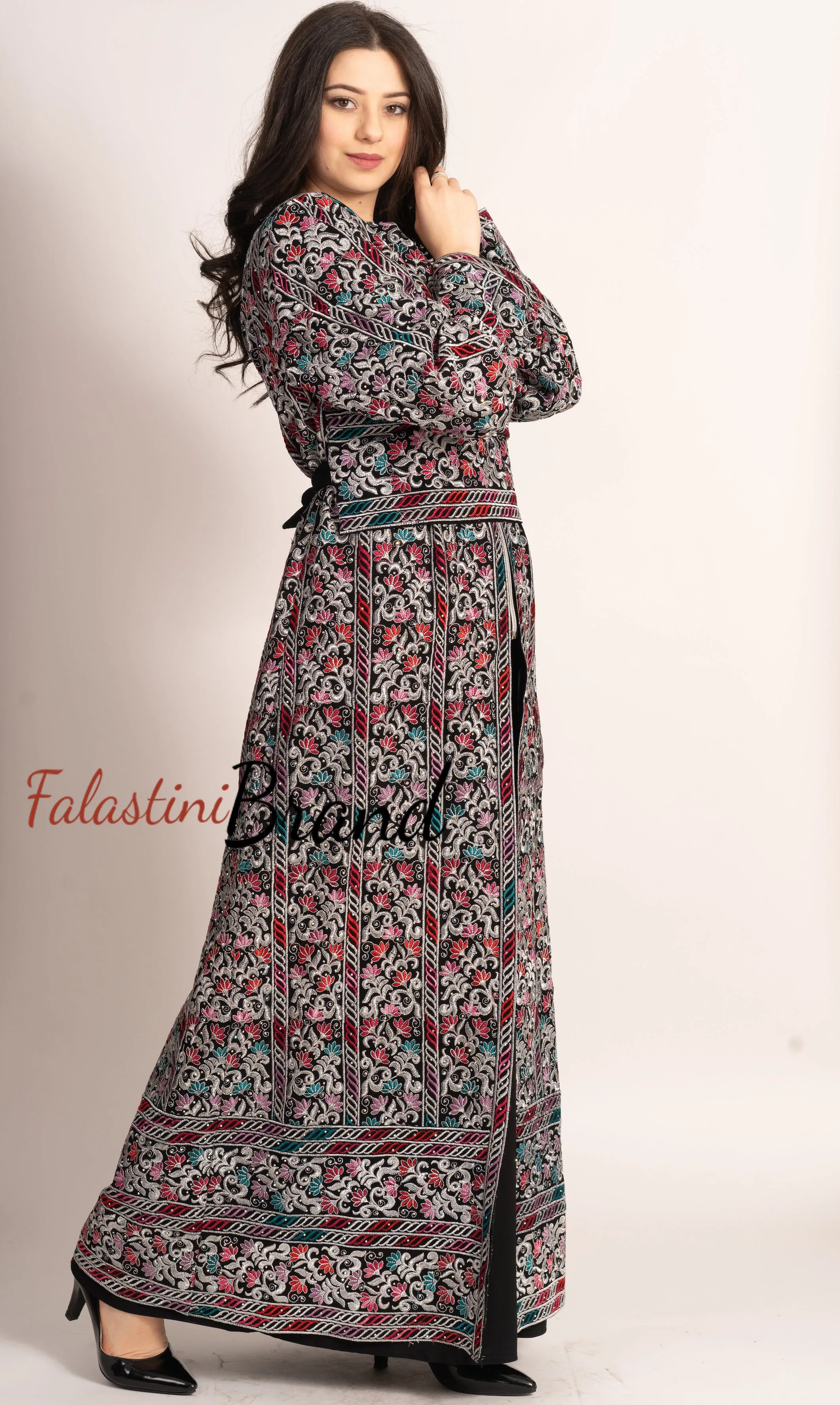 Amazing Metallic Silver Threads Palestinian Embroidered Thobe Dress Long Sleeve