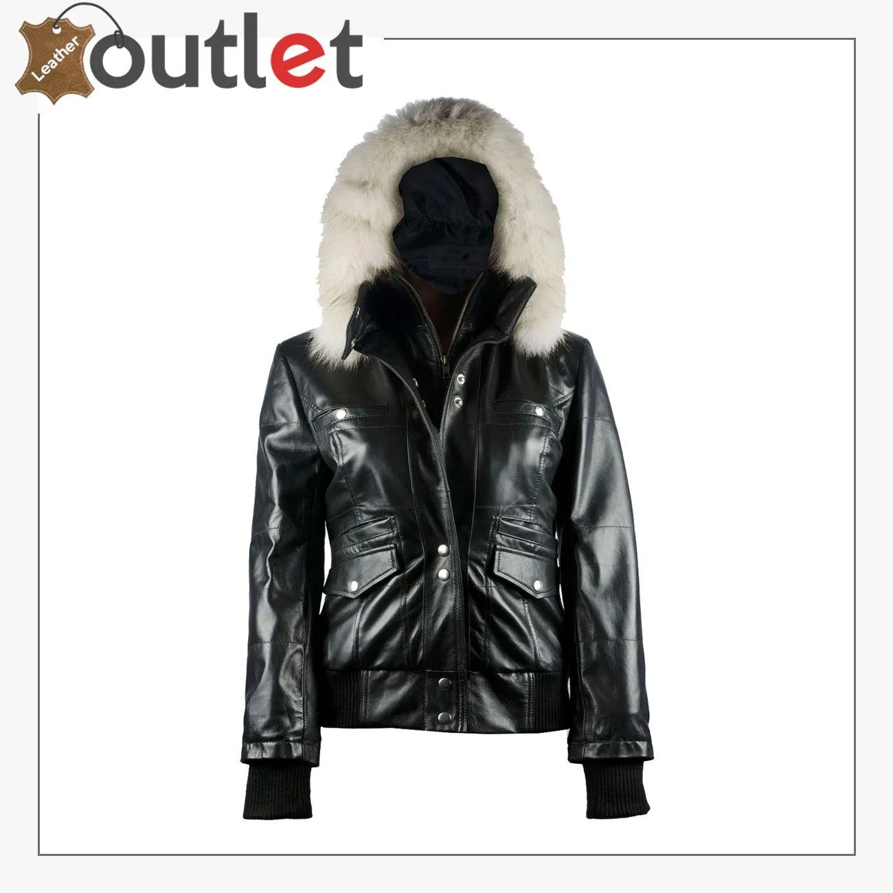 Arctic Freeze Black Bomber Womens Leather Jacket with Hoodie