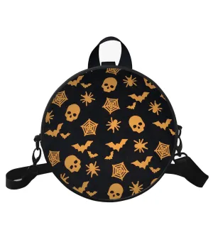 Bat Skull  Printed Fabric Faux Leather Round Handbags