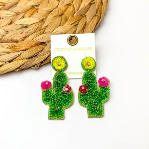 Beaded Cactus Earrings With Multicolor Flowers in Green