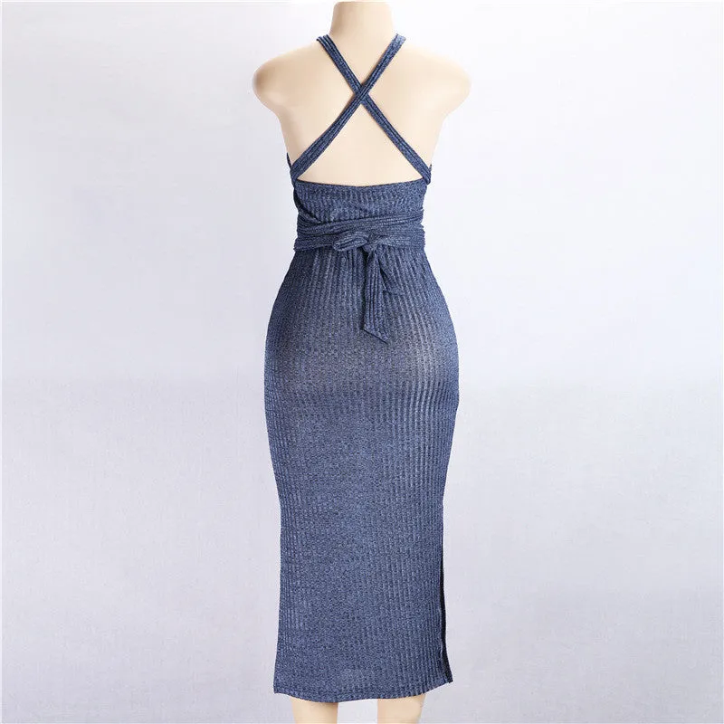 Bear Shoulder Bandage Slim Ankle-length Split Dress