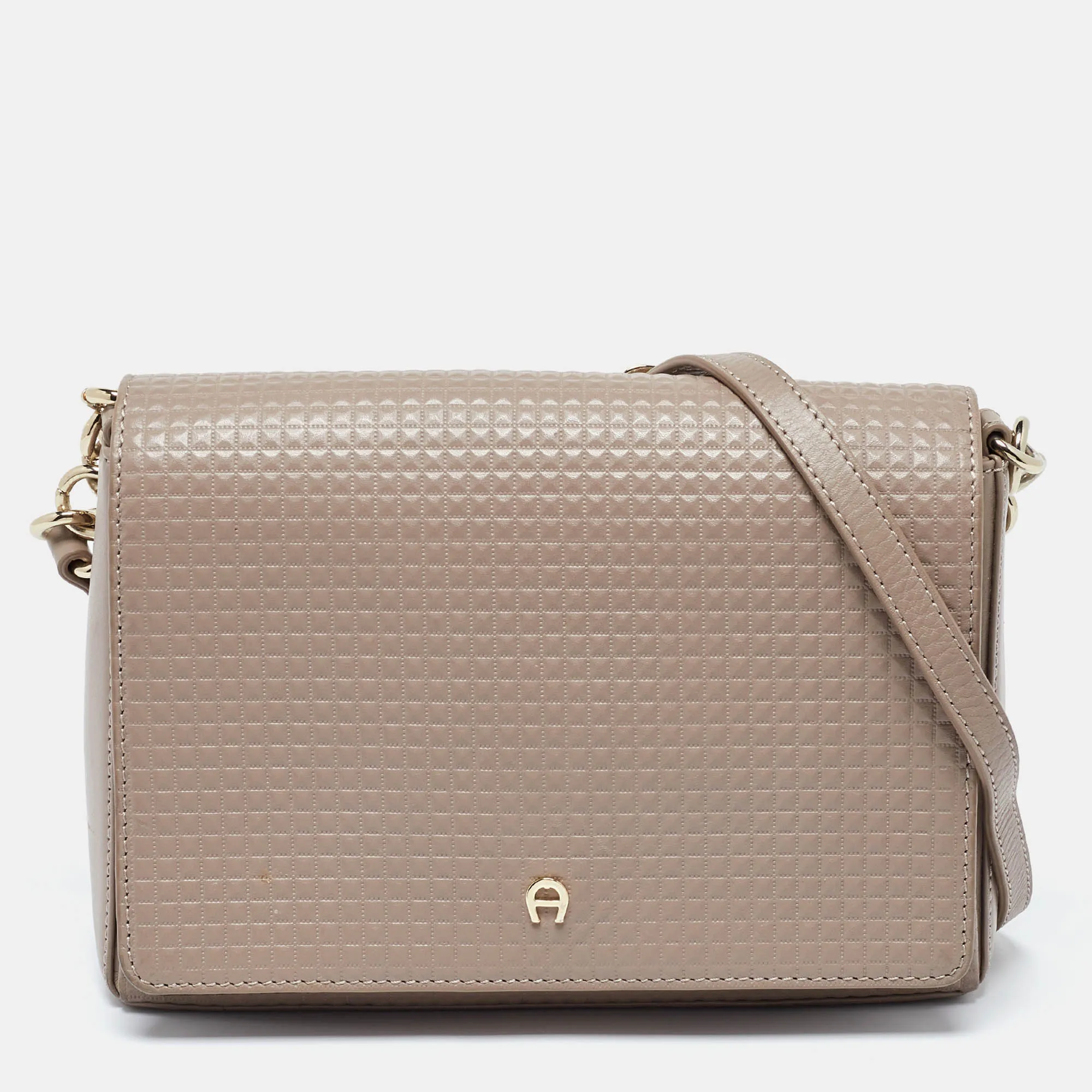 Beige Embossed Leather Flap Chain Crossbody Bag