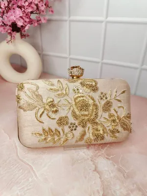 Beige Embroided Box Clutch