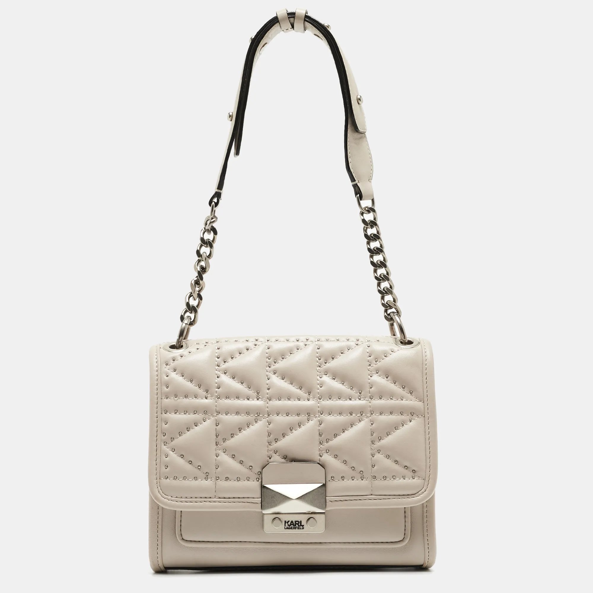 Beige Quilted Studded Leather Shoulder Bag