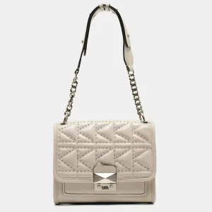 Beige Quilted Studded Leather Shoulder Bag