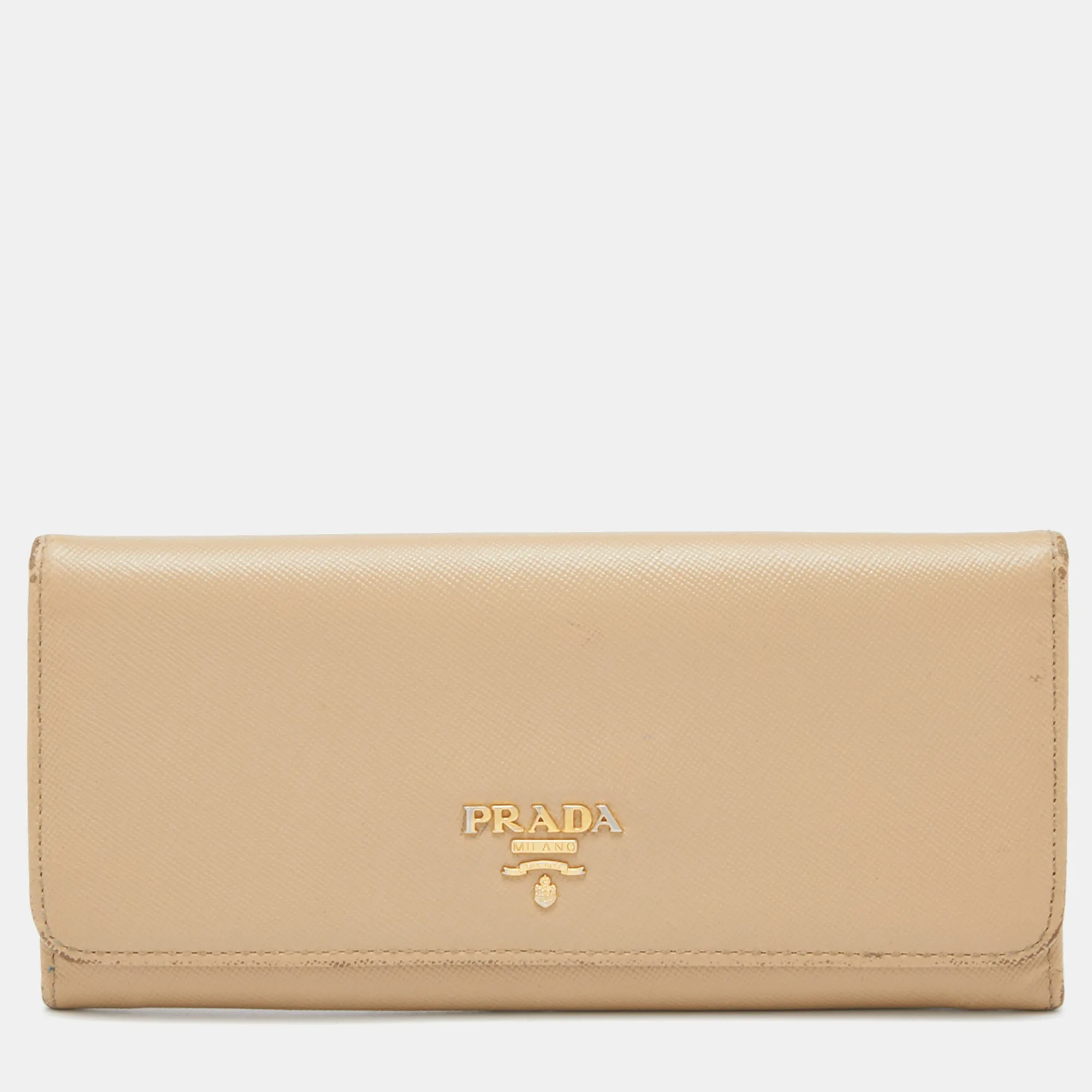 Beige Saffiano Leather Flap Continental Wallet