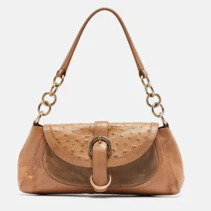 Beige Suede, Ostrich Embossed and Leather Buckle Flap Hobo