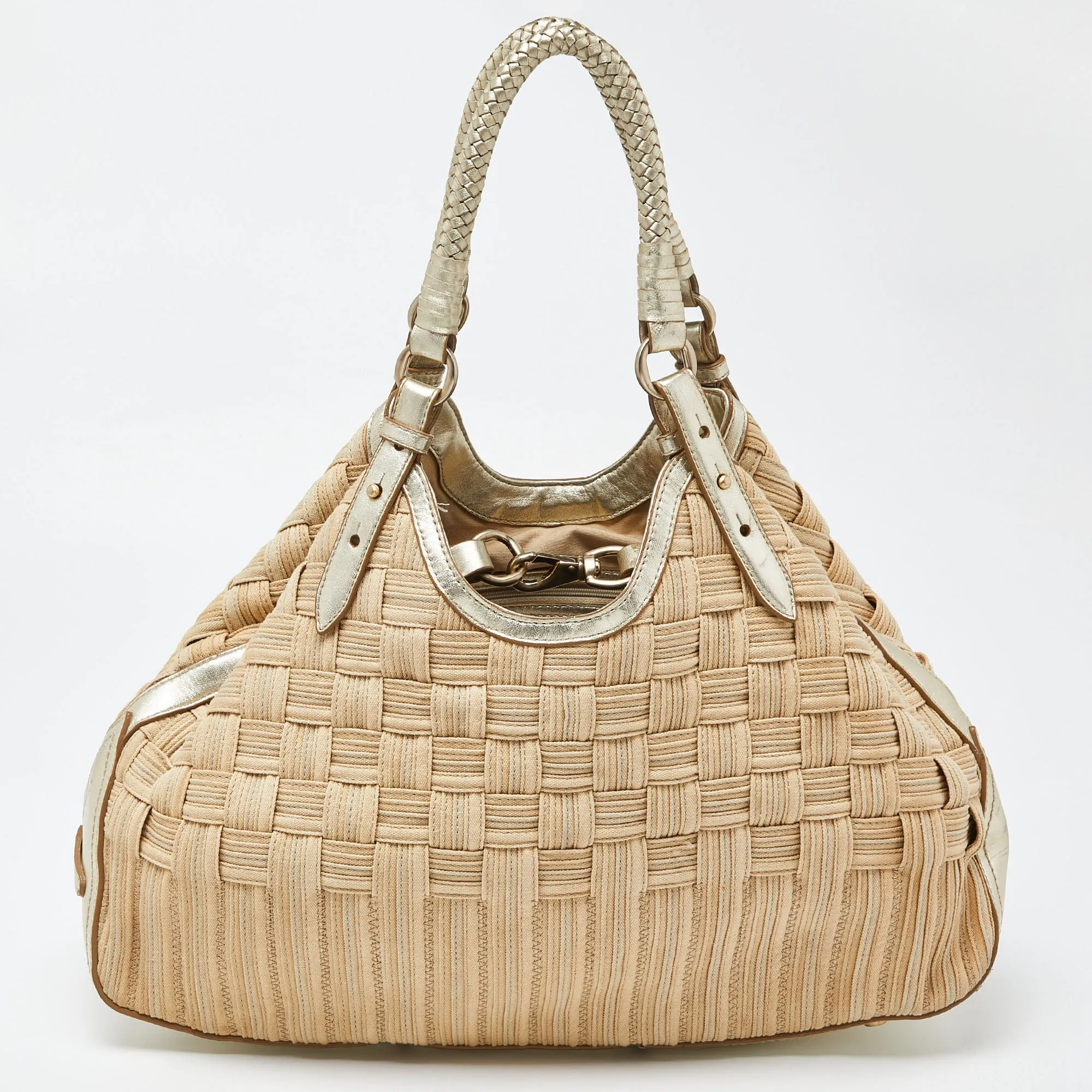 Beige/Gold Woven Canvas and Leather Satchel