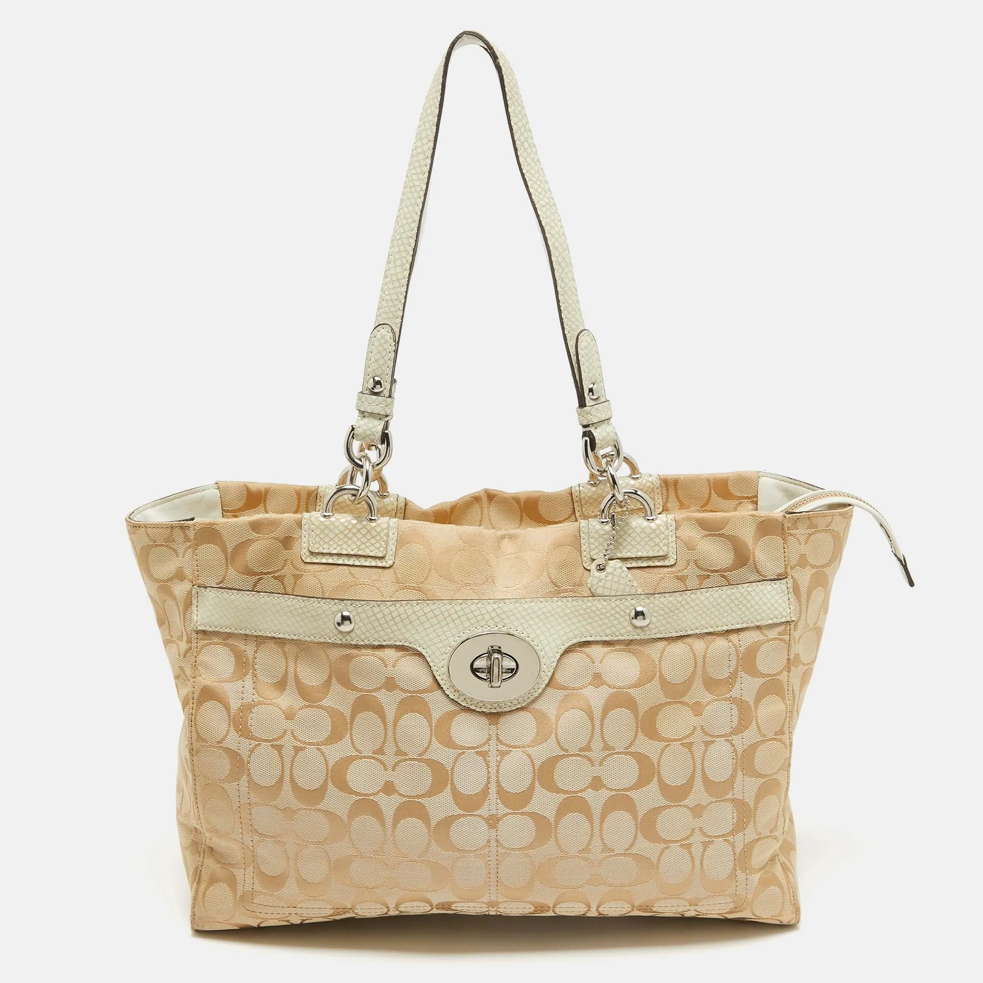 Beige/Off White Signature Canvas and Snakeskin Embossed Leather Penelope Tote