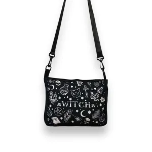 Black Canvas Graphic Witch Shoulder Bag