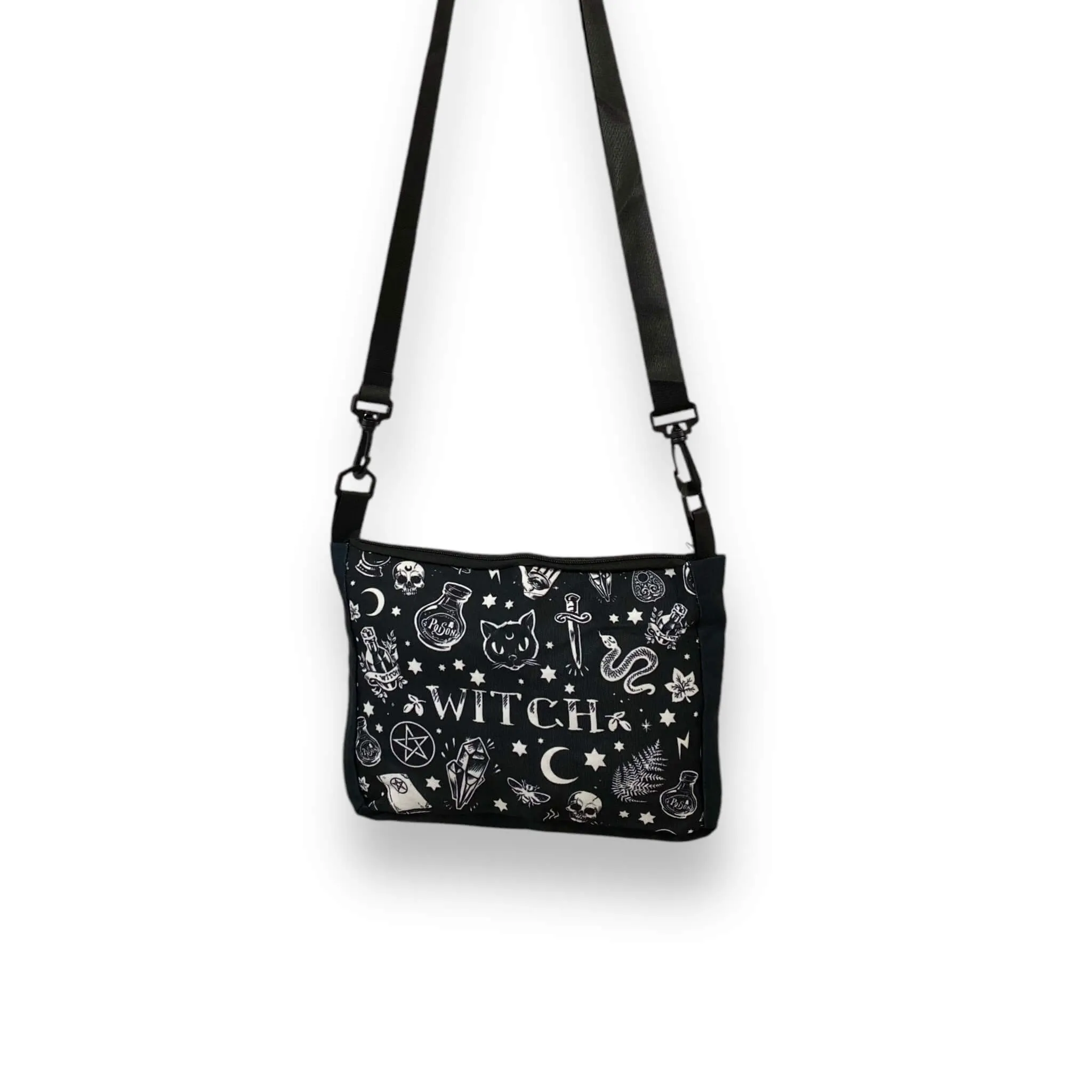 Black Canvas Graphic Witch Shoulder Bag