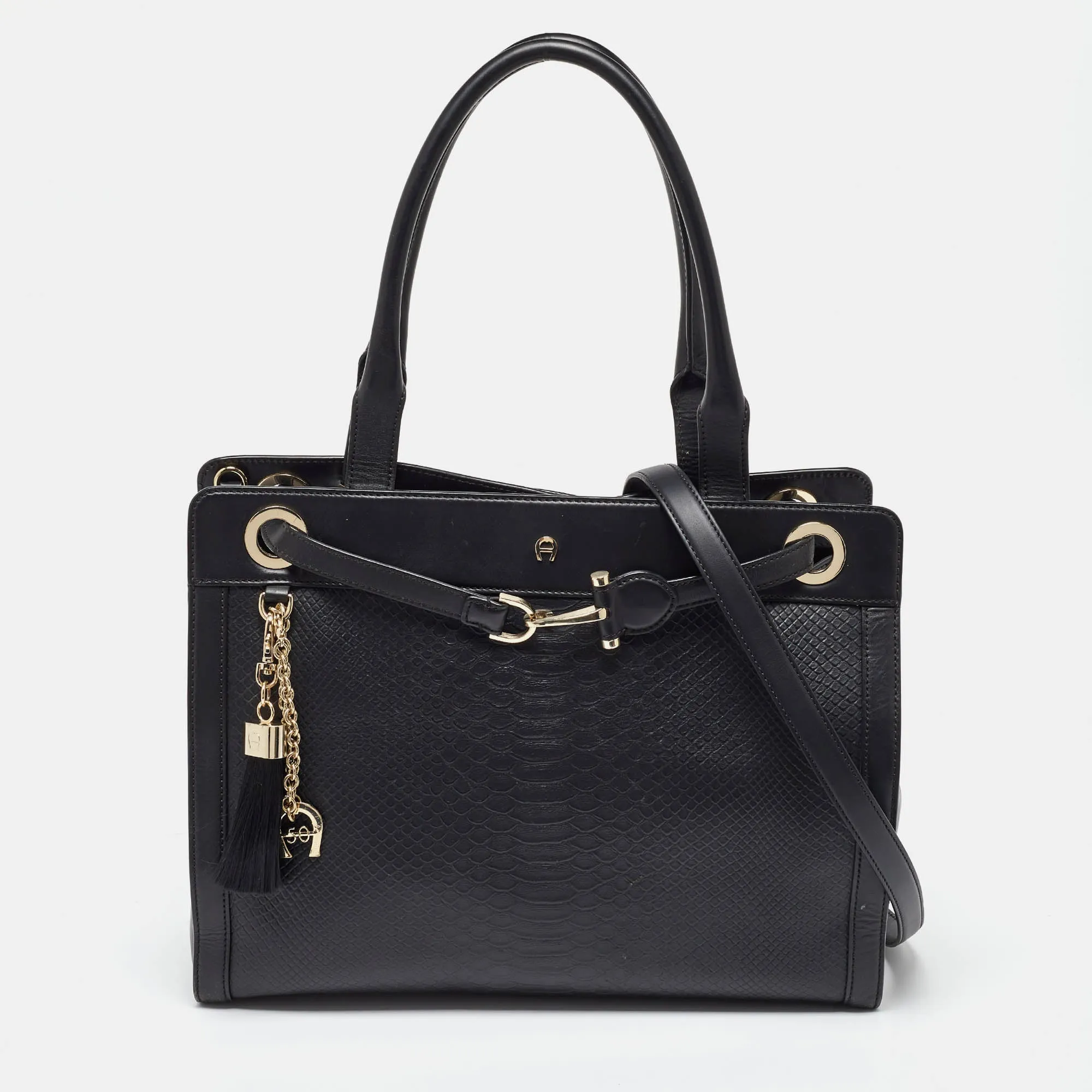 Black Croc Embossed Leather Cavallina Tote