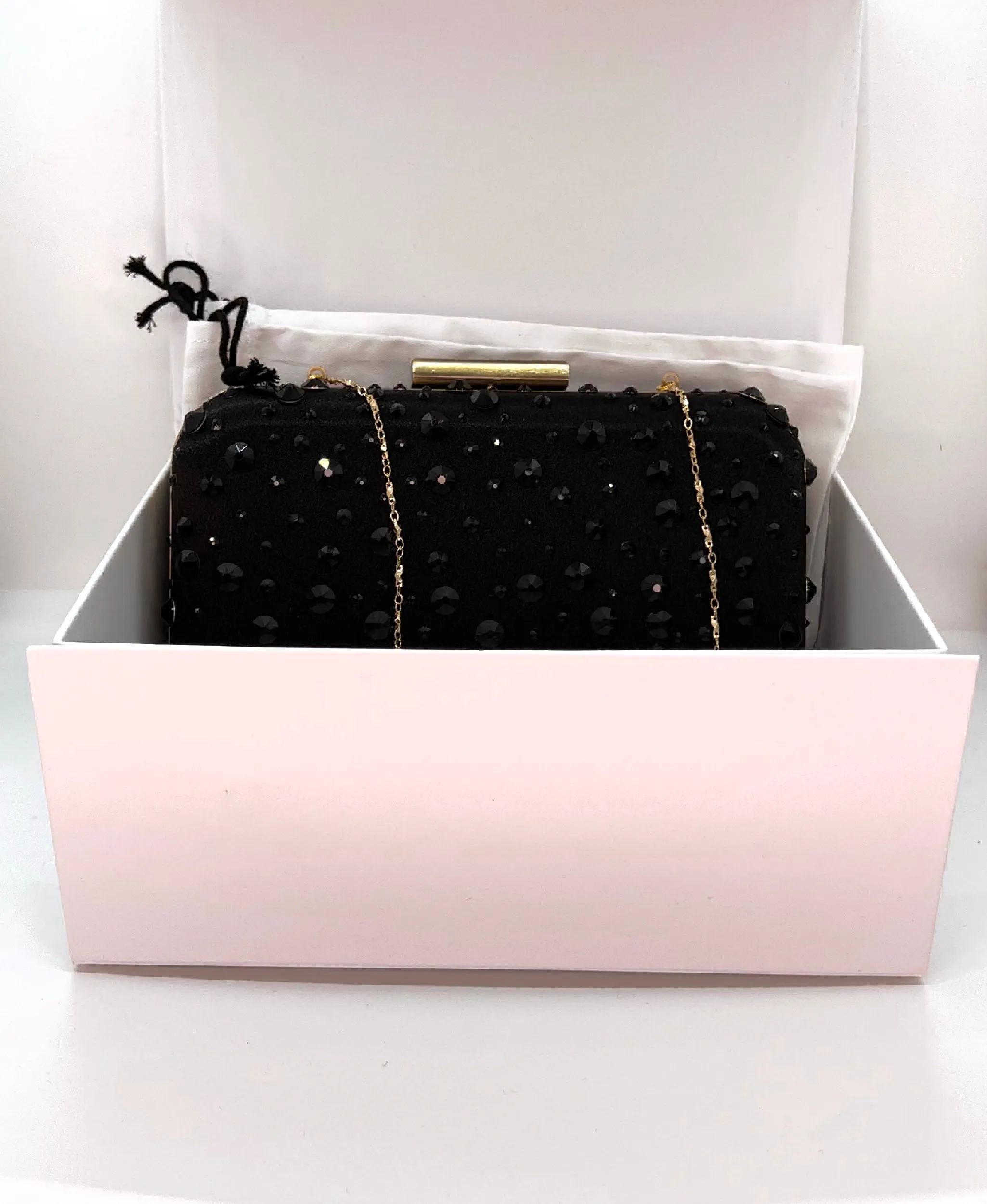 Black Crystal Studded BLACK SATIN CLUTCH