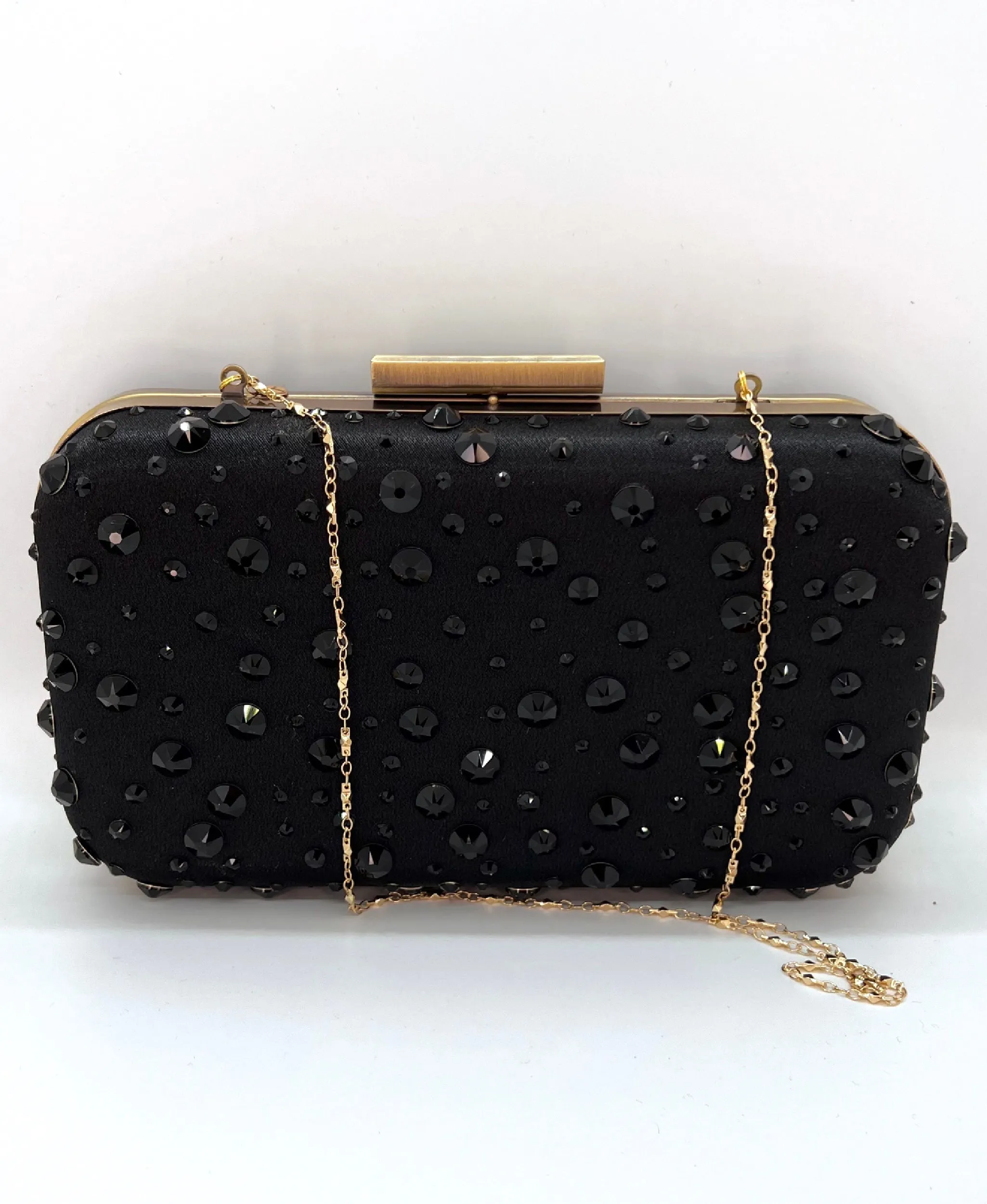 Black Crystal Studded BLACK SATIN CLUTCH