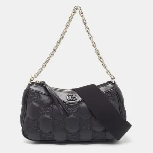 Black GG Matelass&eacute; Satin and Leather Chain Bag