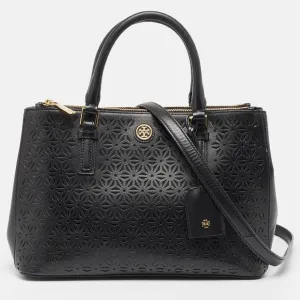 Black Laser Cut Saffiano Leather Double Zip Robinson Tote