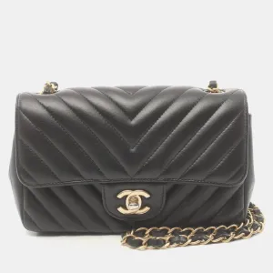 Black Leather Chevron Stitch Flap Shoulder Bag