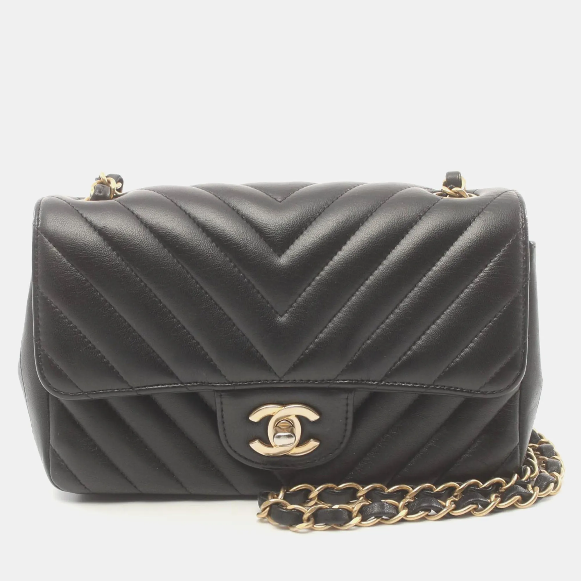 Black Leather Chevron Stitch Flap Shoulder Bag