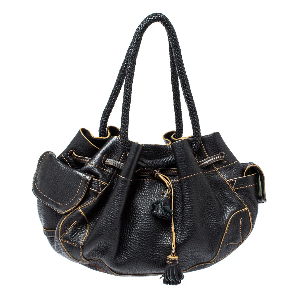 Black Leather Drawstring Braided Handle Hobo