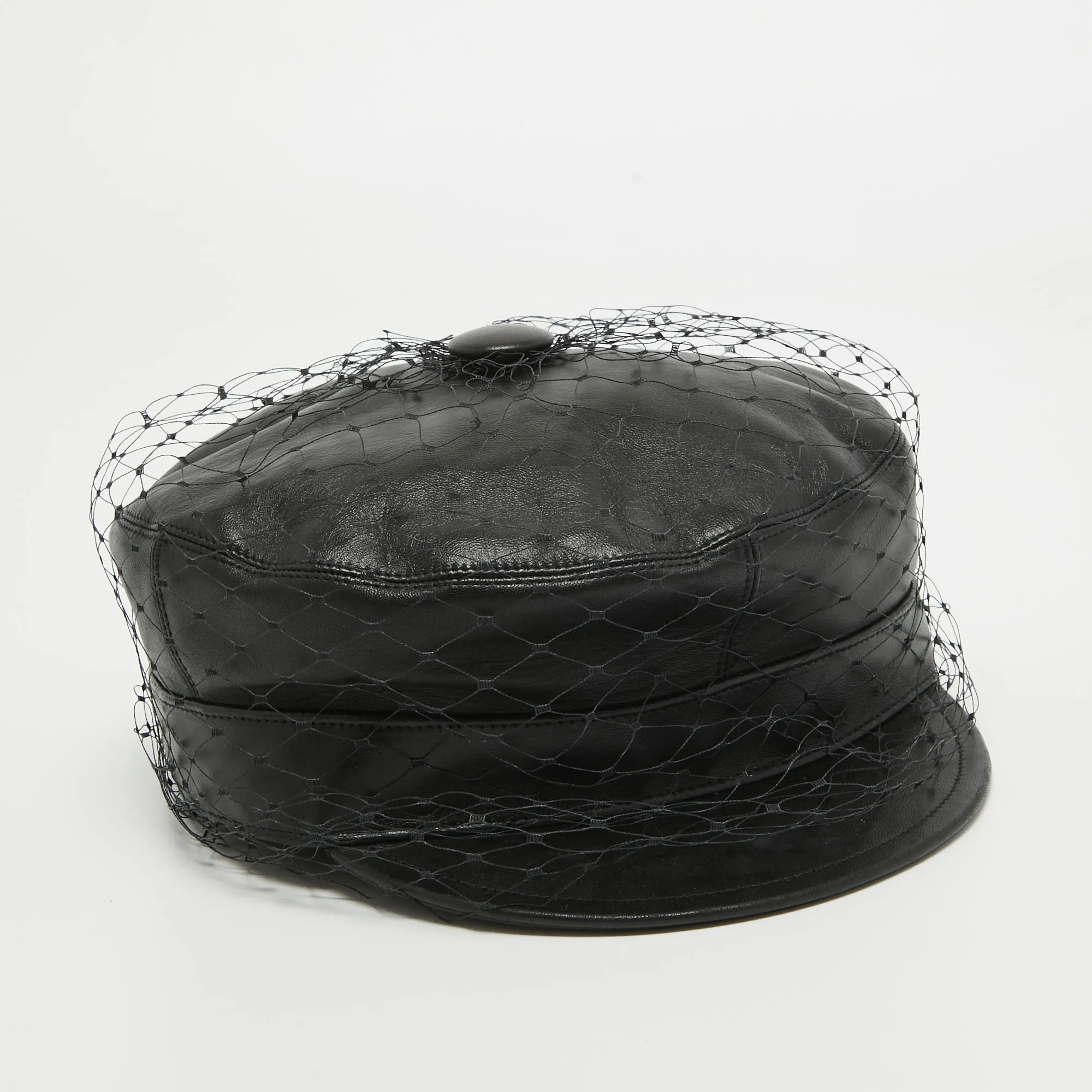 Black Leather Newsboy Veil Cap