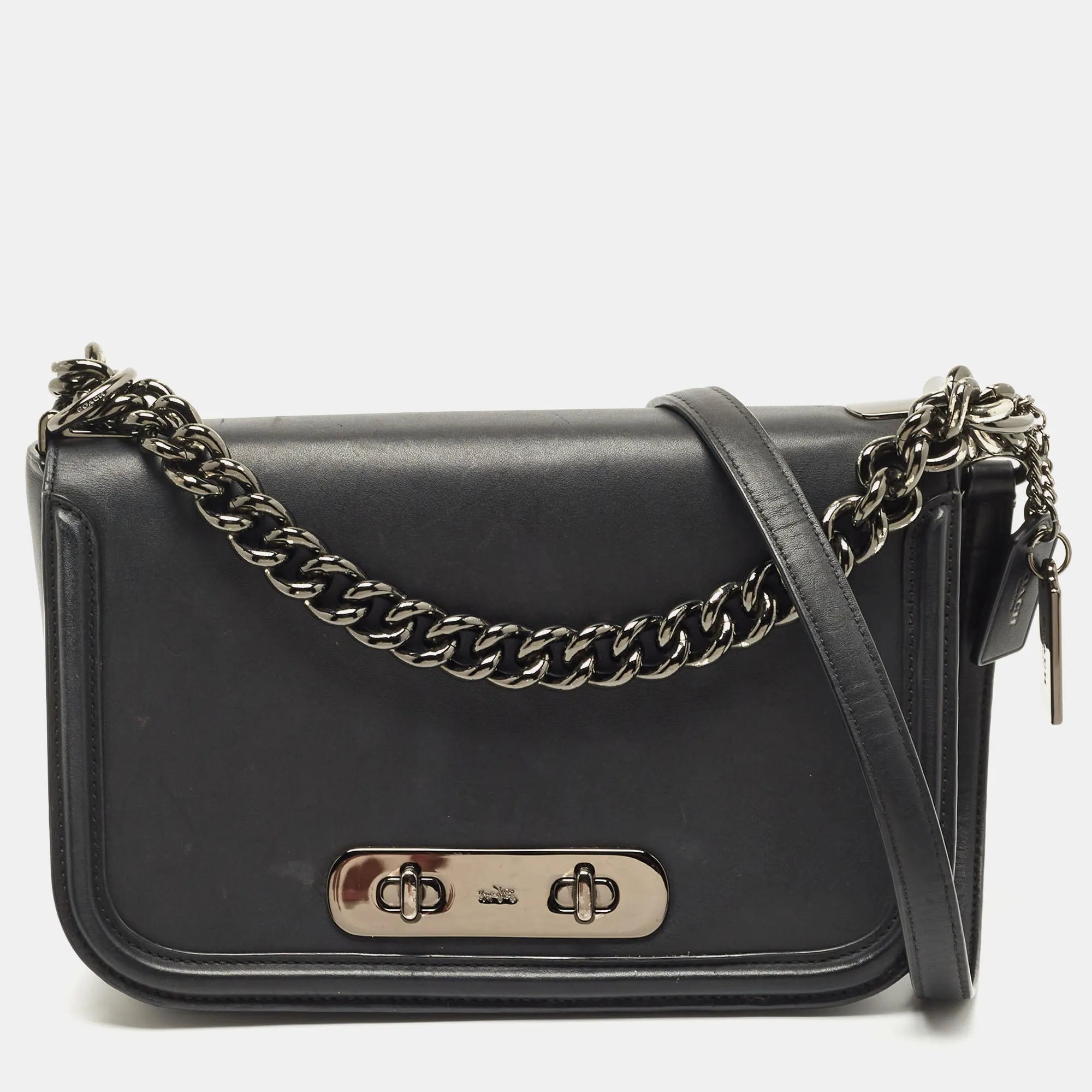 Black Leather Swagger Flap Crossbody Bag