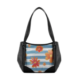 Black Leather Tote Bag Floral Blue