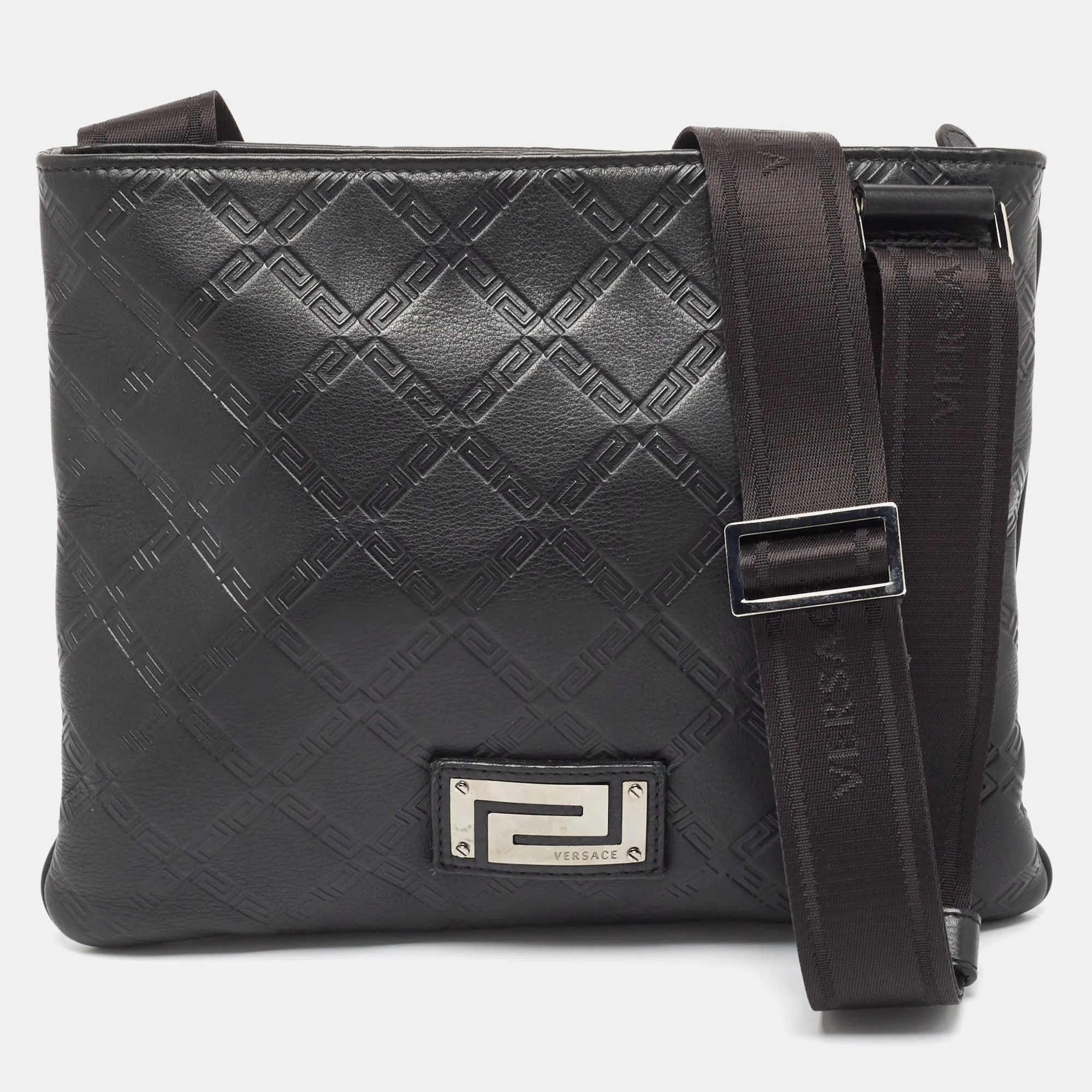 Black Logo Embossed Leather Zip Messenger Bag