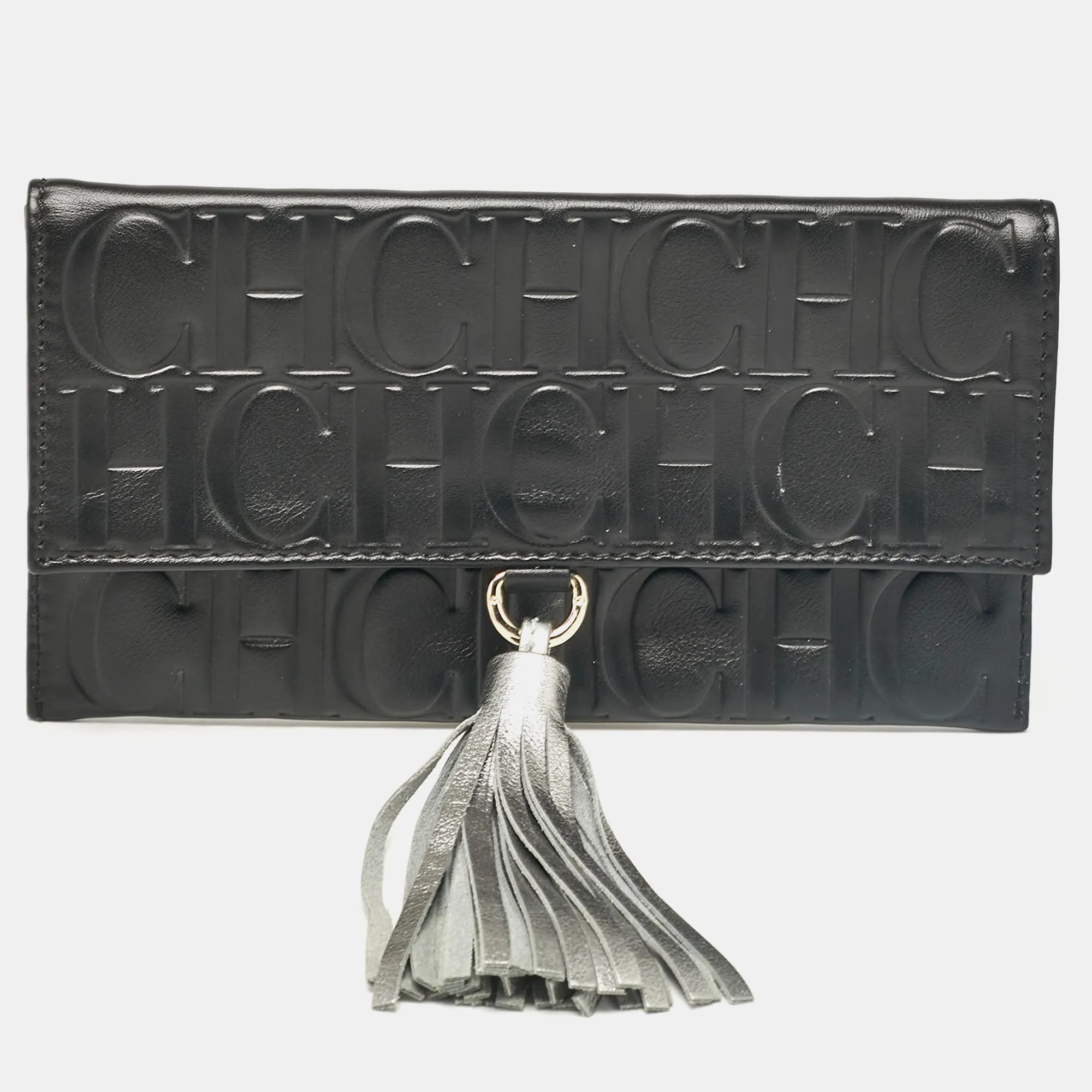 Black Monogram Embossed Leather Tassel Clutch