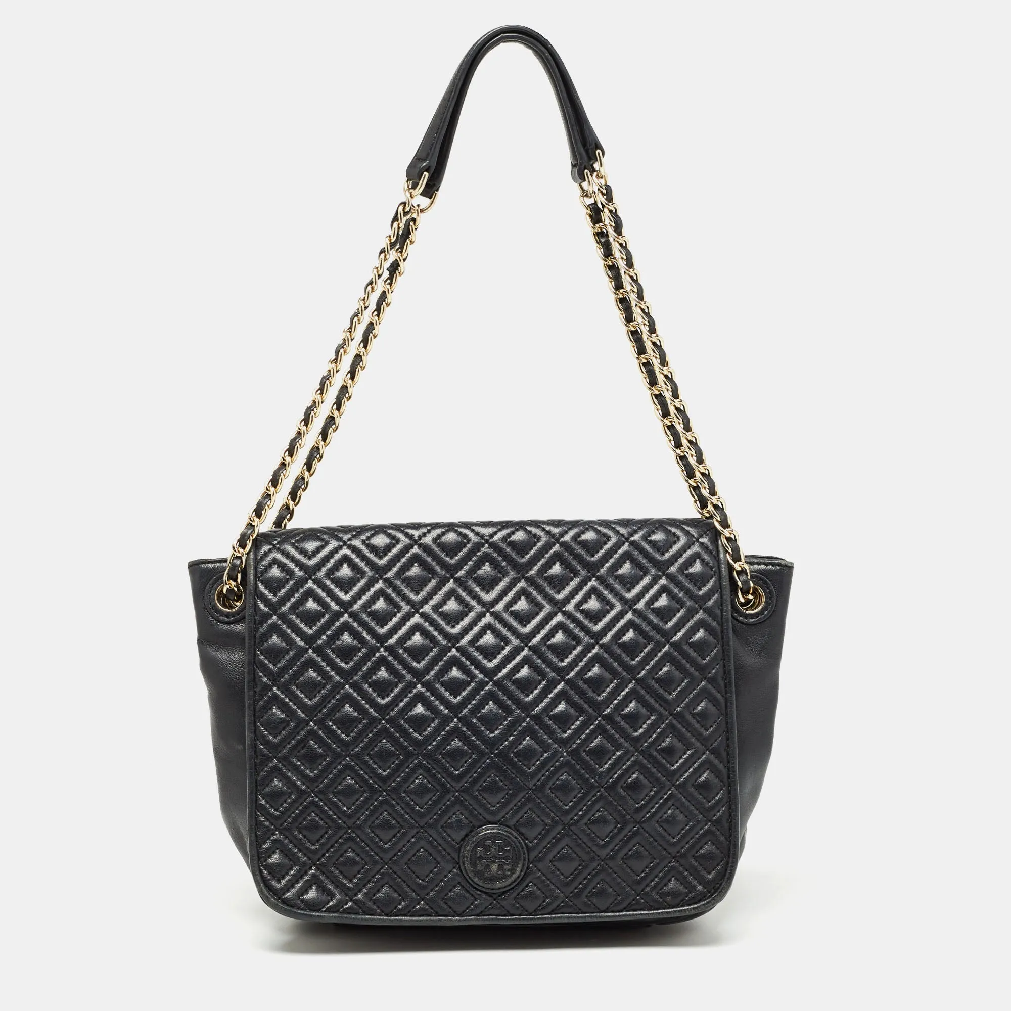 Black Quilted Leather Marion Flap Chain Shoulder Bag