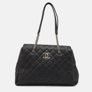 Black Quilted Matte Caviar Leather Lady Pearly Tote