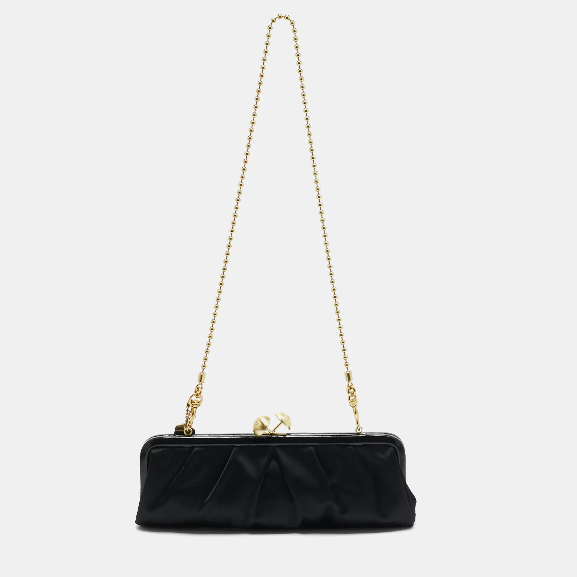 Black Satin and Patent Leather Kiss Lock Chain Clutch