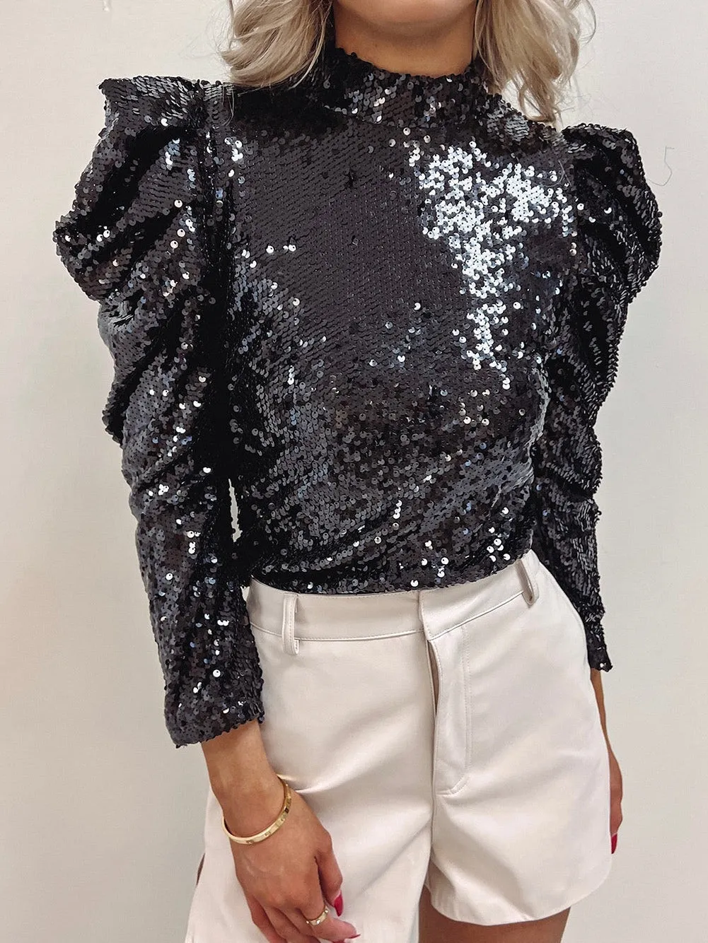 Black Sequin Top with Statement Sleeves