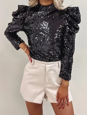 Black Sequin Top with Statement Sleeves