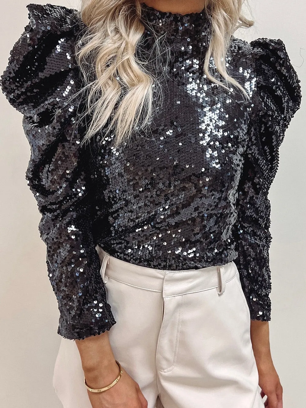 Black Sequin Top with Statement Sleeves