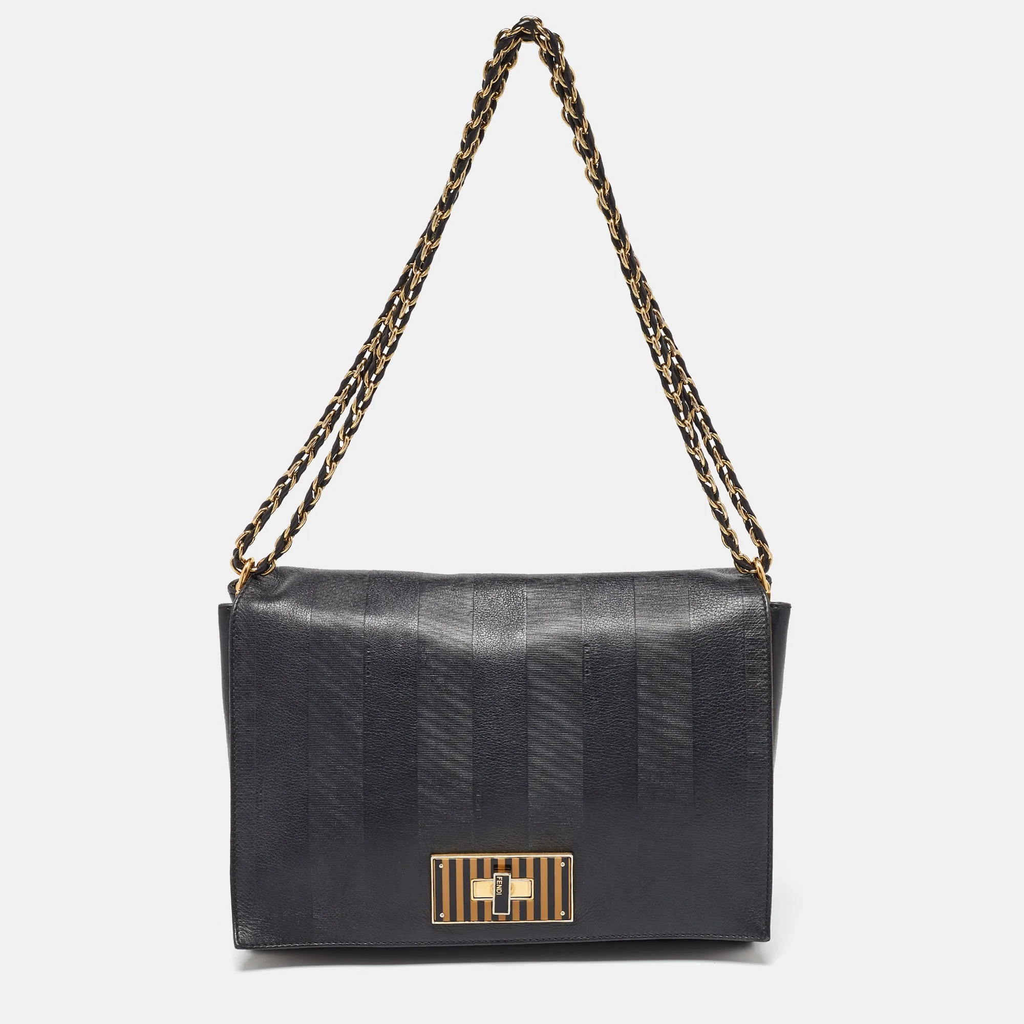 Black Stripe Embossed Leather Large Claudia Shoulder Bag