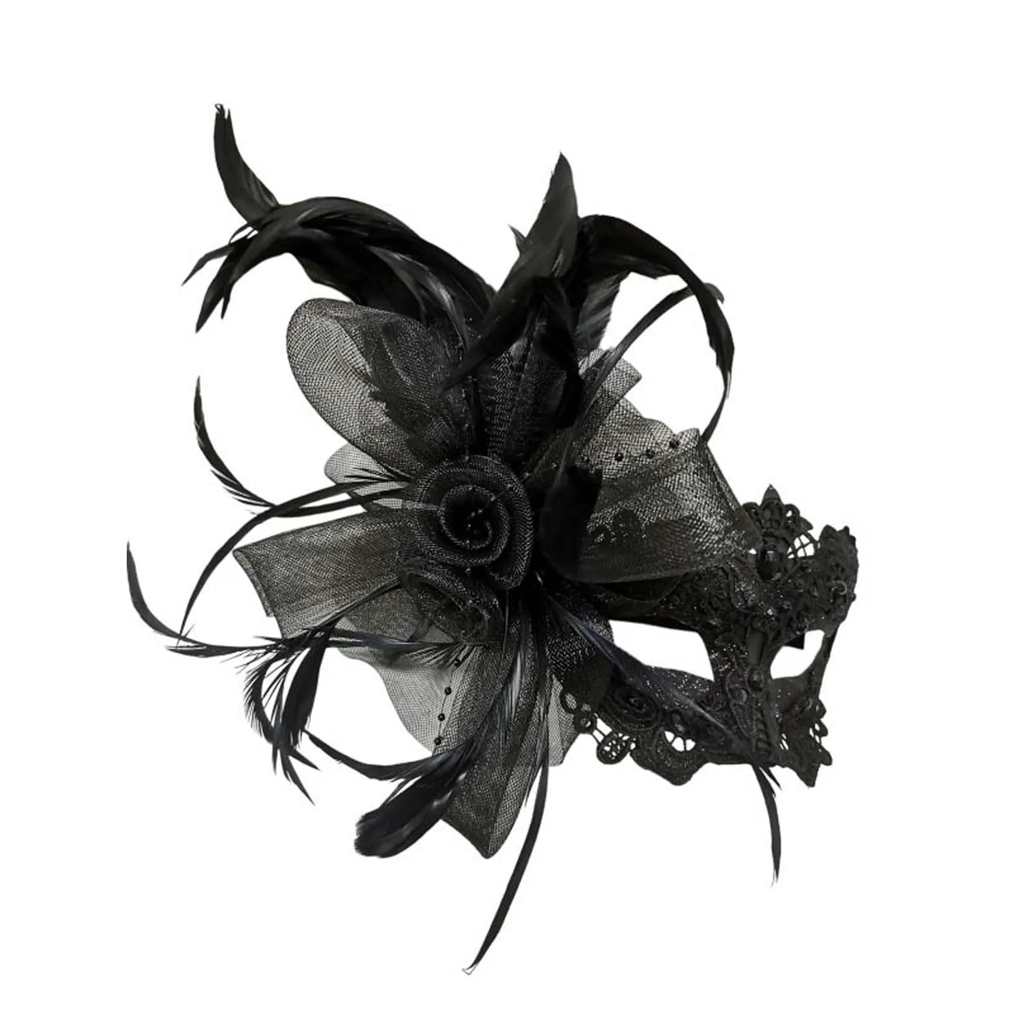 Black Venetian Mask with Feather and Flower, 1 Count