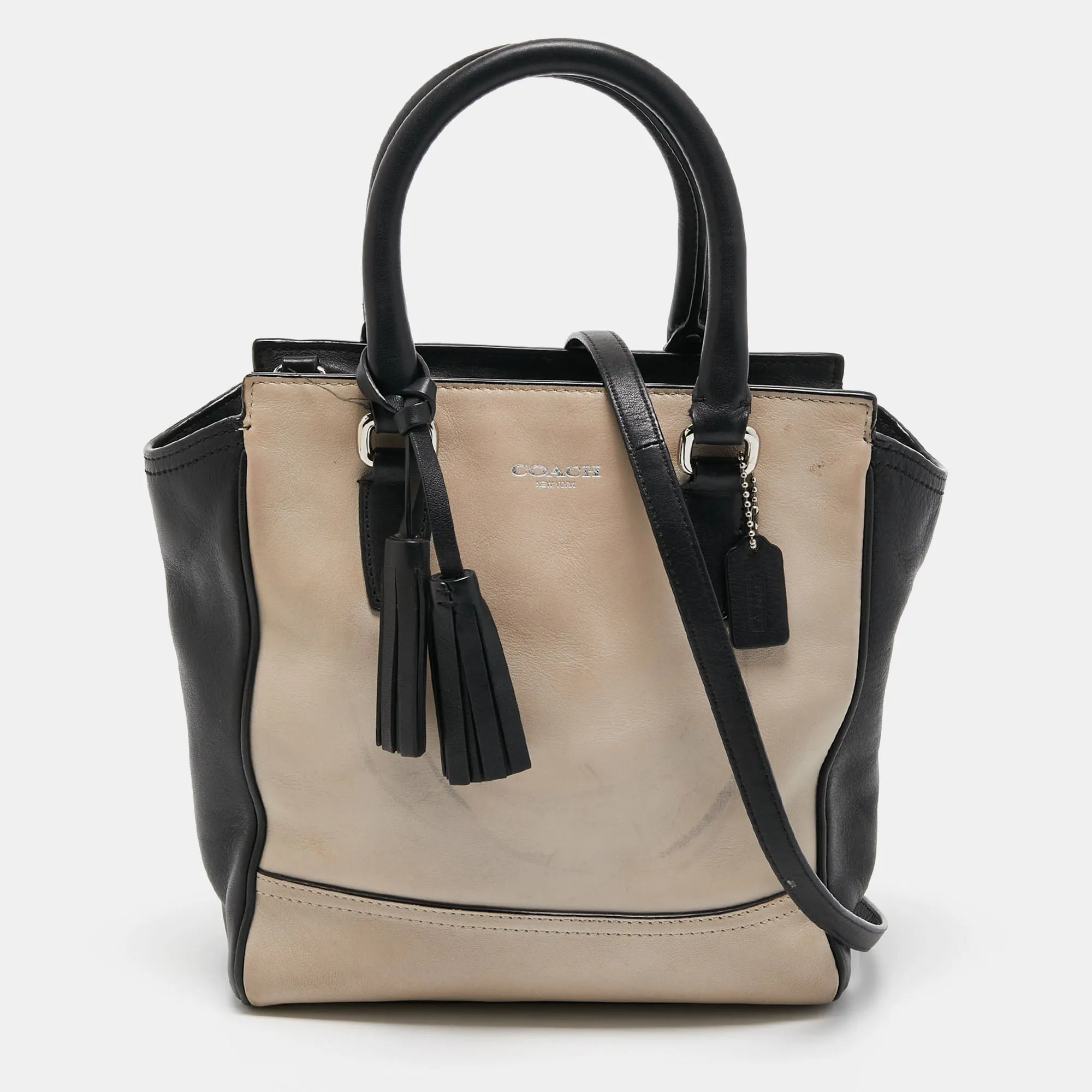 Black/Beige Leather Tassel Tote