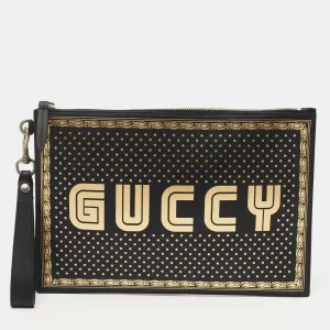 Black/Gold Leather Guccy Zip Wristlet Pouch