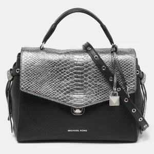 Black/Silver Leather and Snakeskin Embossed Leather Medium Bristol Top Handle Bag