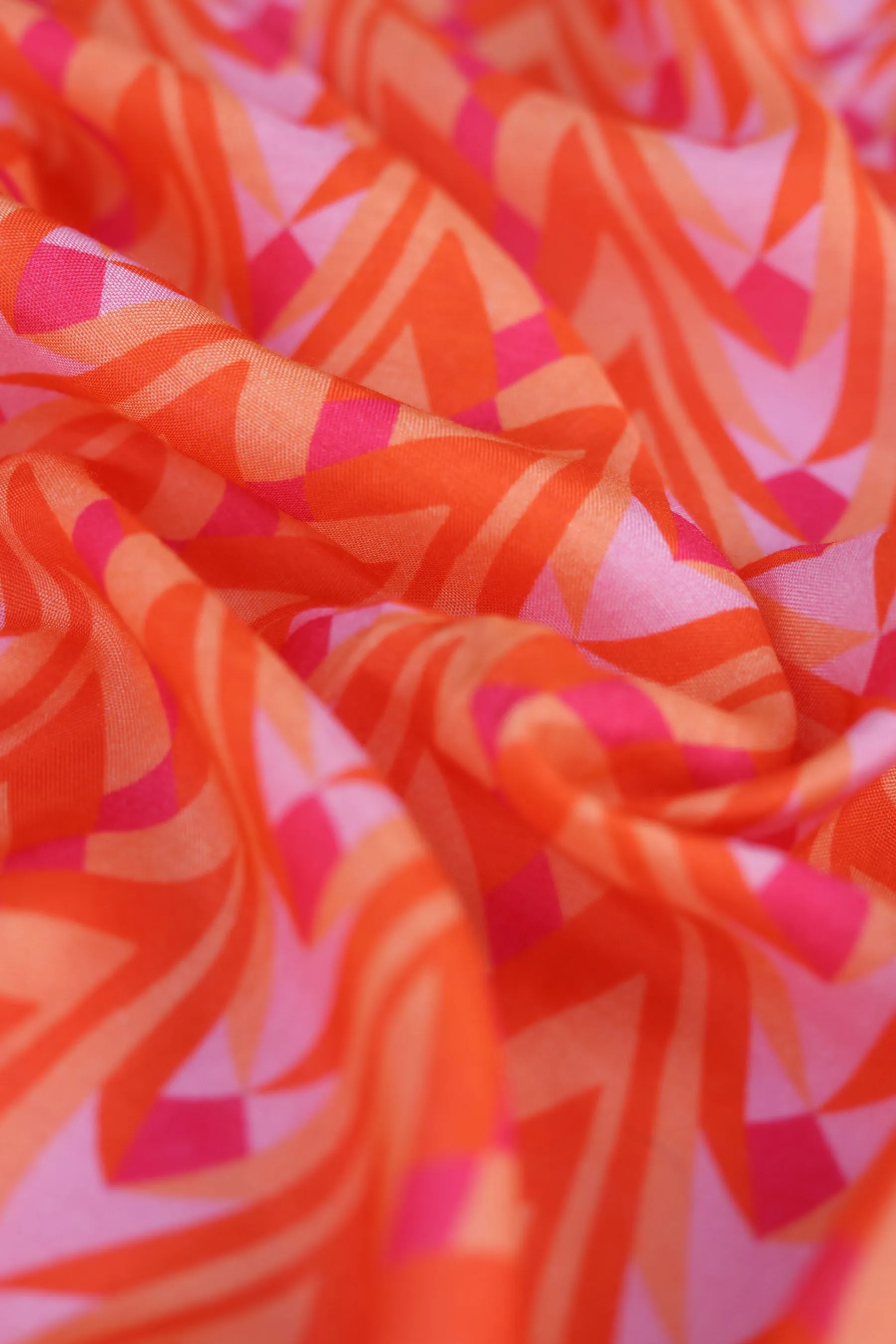 Blazing Orange All Over Geometric Print Natural Muslin Silk Fabric