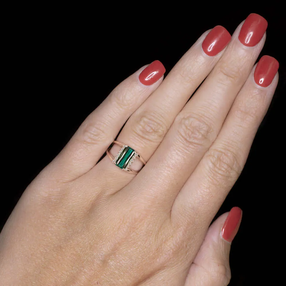 BLUE GREEN TOURMALINE NATURAL DIAMOND RING MODERN COCKTAIL ROSE GOLD SPLIT SHANK